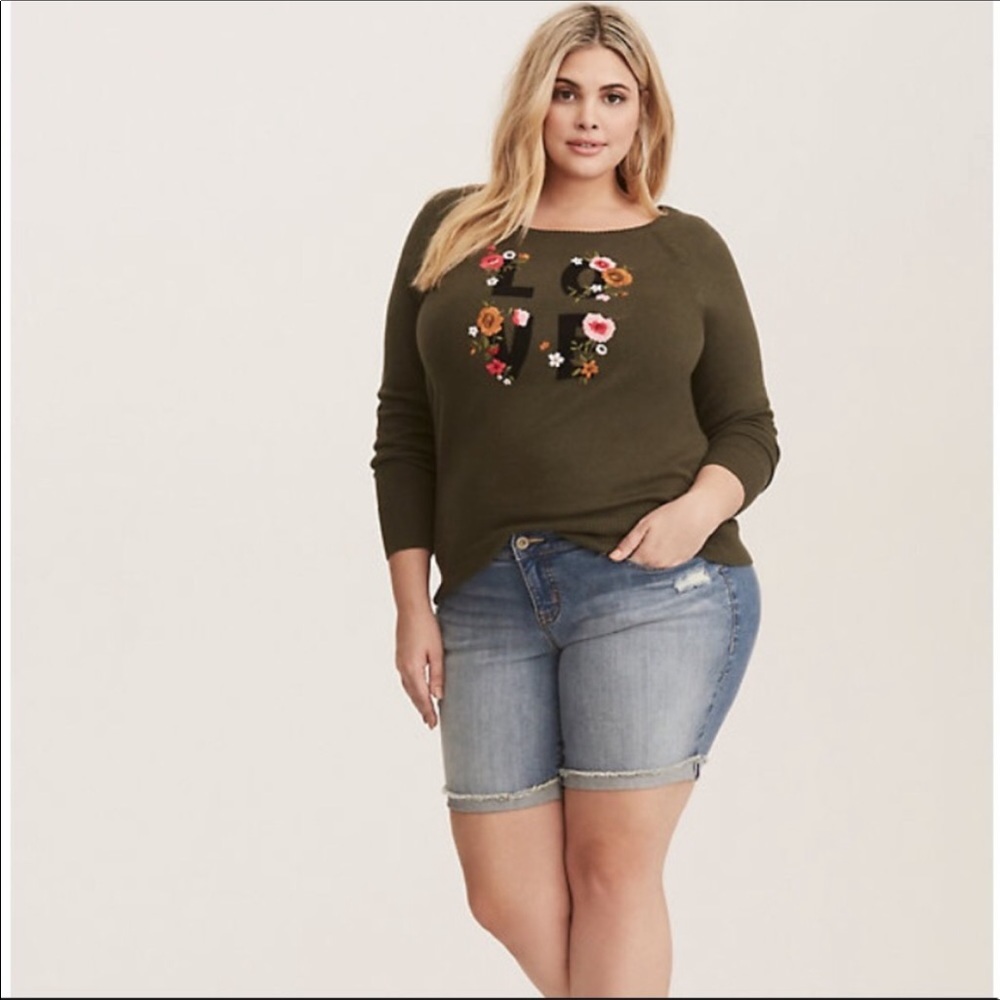 Torrid Olive Embroidered Raglan Sweater